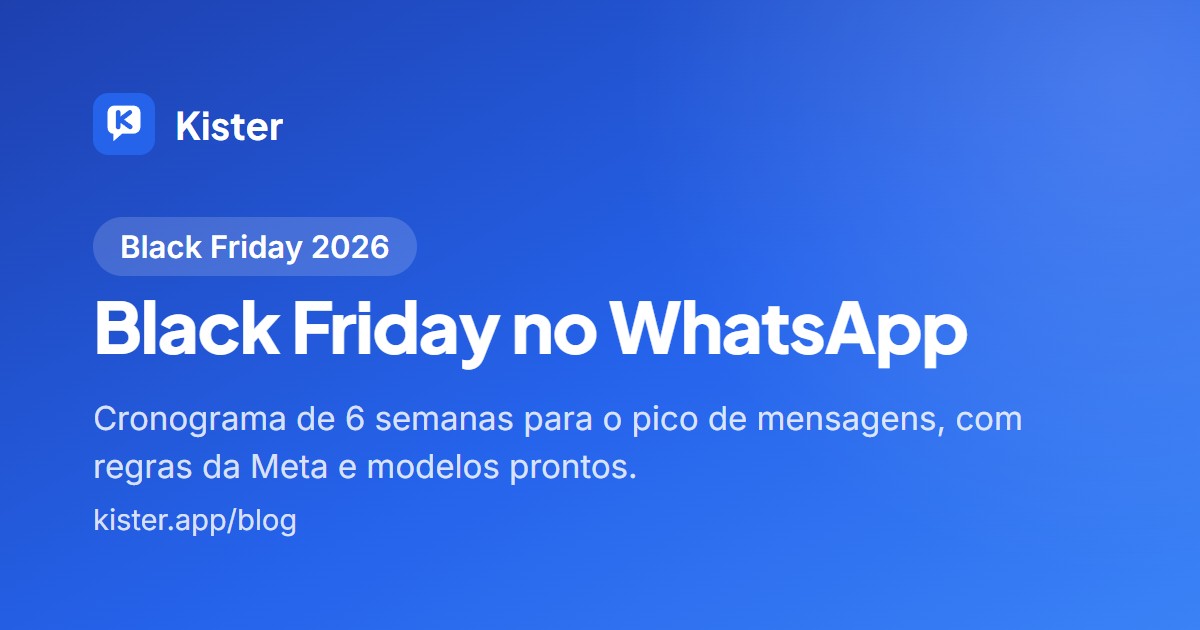 Capa azul do blog do Kister com o selo Black Friday 2026, o título Black Friday no WhatsApp e o subtítulo cronograma de 6 semanas para o pico de mensagens, com regras da Meta e modelos prontos